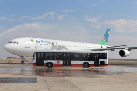 One of two apron buses of the Namibia Airports (NAC) company pictured during the unveiling ceremony at the Hosea Kutako International Airport (HKIA) last year. Photo: Nampa